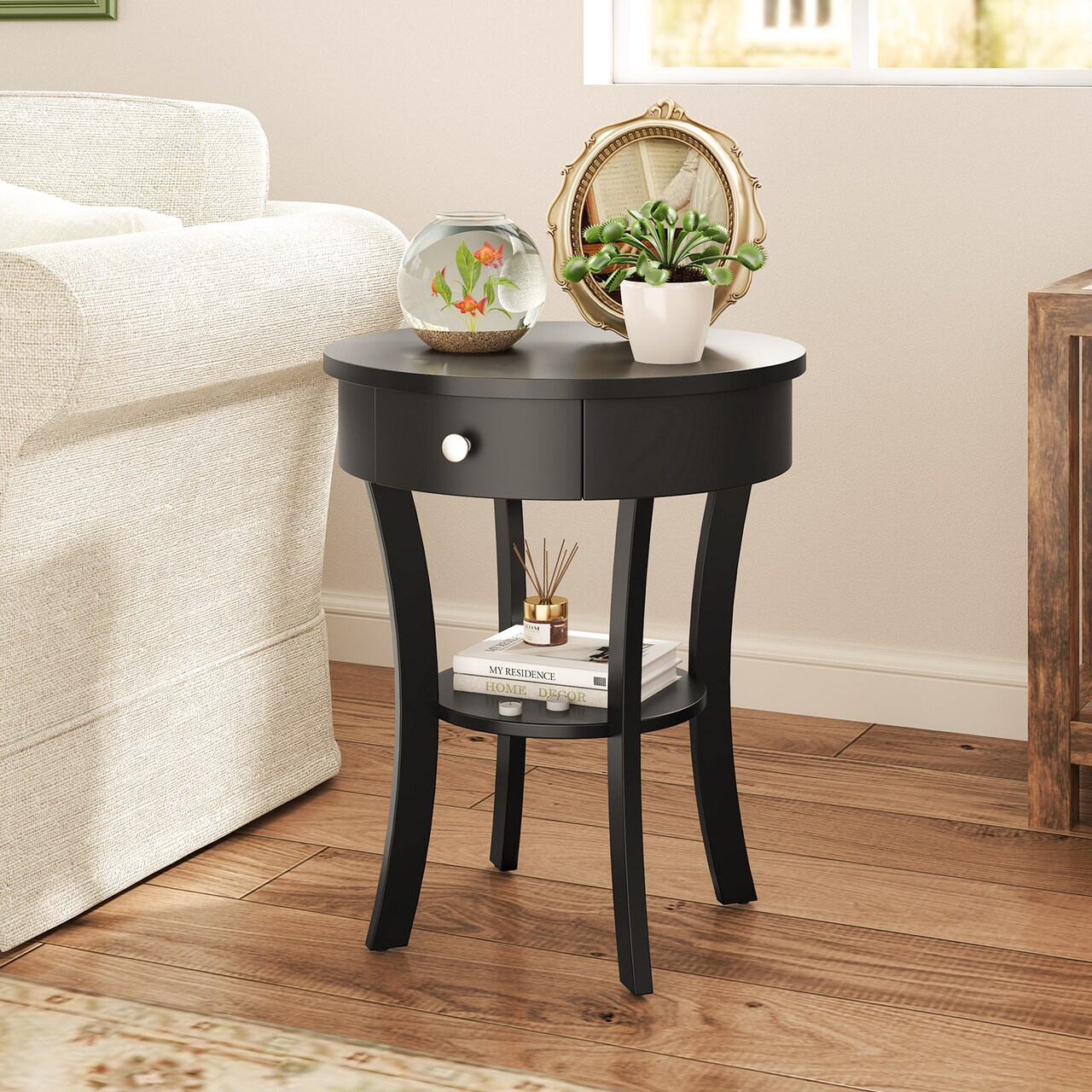 Bedside Nightstand Table with Storage Drawer and Open Shelf Round Design